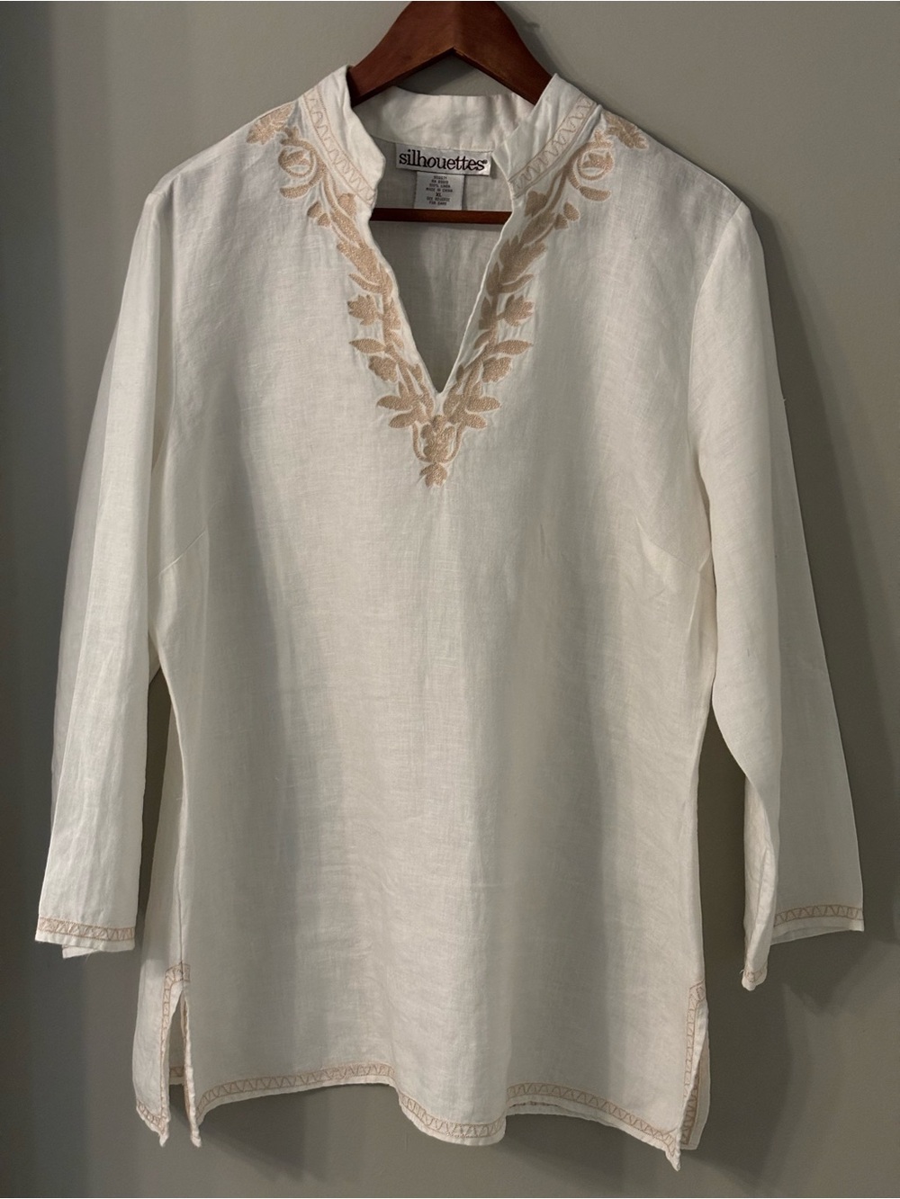 White linen XL tunic blouse by Silhouette. Embroidery around collar, neckline